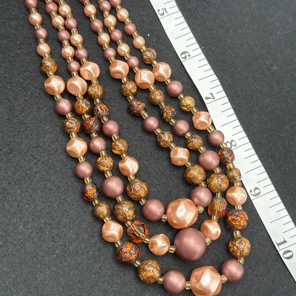 Vintage Japan Triple Strand Faux Pearl Necklace Peach Brown Orange 17-19 inches